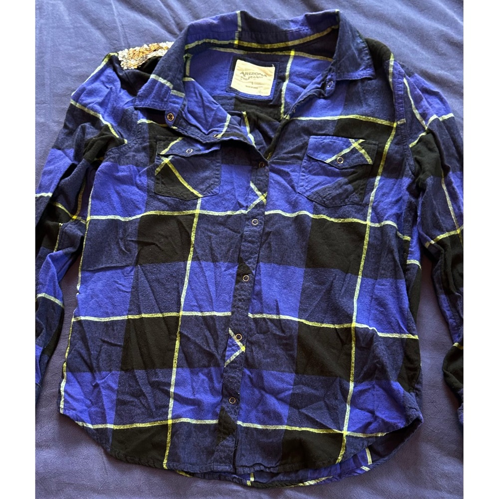Arizona Jean Co Blue Black Plaid Sequin Back Button Down Flannel Shirt Large